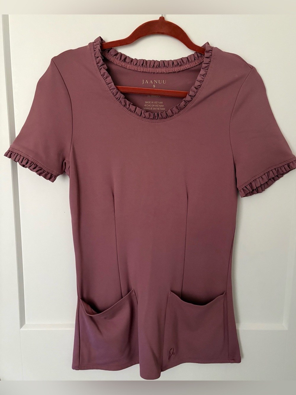 Jaanuu Scrub Set- Mauve Top With Ruffle Trim And Knit Cargo Pants-Small